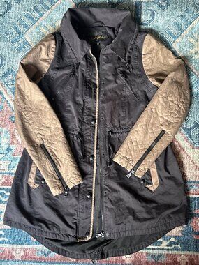 Sam Edelman Quilted Sleeve Hooded Parka Jacket Womens M Hybrid Long Drawstring